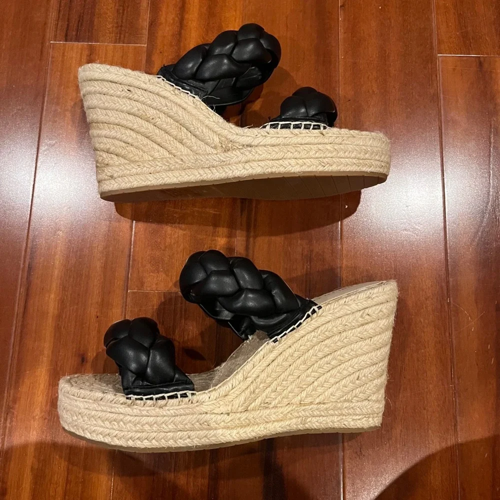Black Espadrille Wedge Sandals Shoes Kenneth Cole Olivia Braid Rattan New Sz 9.5